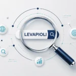 Levapioli keyword research illustration featuring a large magnifying glass over a digital search term, surrounded by network nodes and search trend elements on a clean light gray background. Professional flat-design graphic representing online discovery, search visibility, and growing interest in Levapioli.