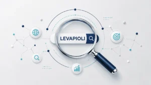 Levapioli keyword research illustration featuring a large magnifying glass over a digital search term, surrounded by network nodes and search trend elements on a clean light gray background. Professional flat-design graphic representing online discovery, search visibility, and growing interest in Levapioli.
