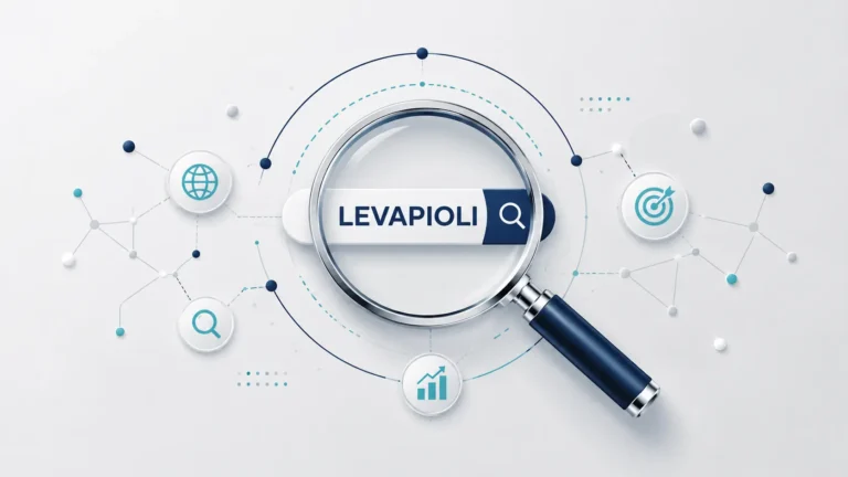 Levapioli keyword research illustration featuring a large magnifying glass over a digital search term, surrounded by network nodes and search trend elements on a clean light gray background. Professional flat-design graphic representing online discovery, search visibility, and growing interest in Levapioli.