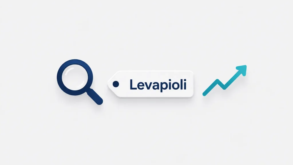 Minimalist Levapioli illustration showing a search icon, keyword tag, and upward trend arrow on a light gray background. Clean professional flat-design graphic symbolizing Levapioli search growth, online visibility, and digital trend discovery.