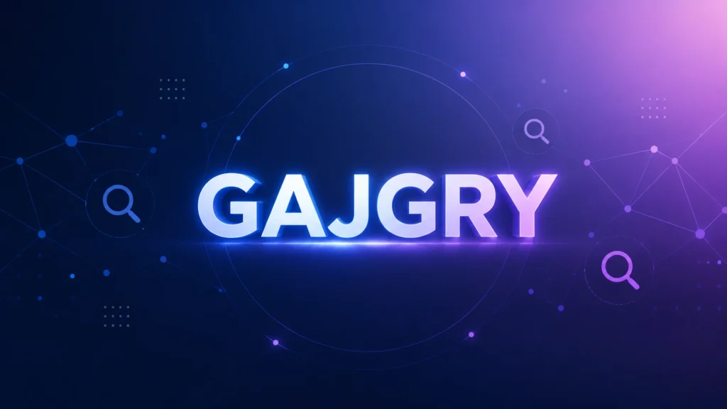 Futuristic digital branding illustration of the keyword Gajgry in glowing typography, surrounded by abstract network lines and search icons on a navy and purple gradient background, representing SEO identity and modern online branding.