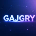 Futuristic digital branding illustration of the keyword Gajgry in glowing typography, surrounded by abstract network lines and search icons on a navy and purple gradient background, representing SEO identity and modern online branding.