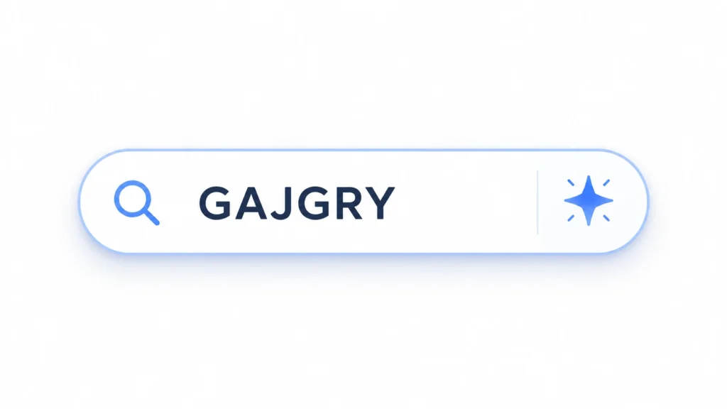 Minimal flat design showing a clean search bar with the keyword Gajgry and a small sparkle icon on a light background, representing simple SEO search identity and digital uniqueness.