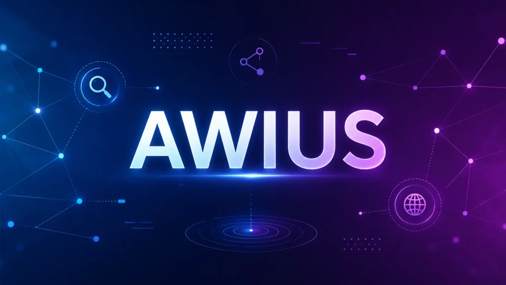 A professional digital illustration featuring the word “AWIUS” glowing at the center of a dark blue-to-purple gradient background, surrounded by subtle network connections, search icons, data nodes, and modern branding elements that represent technology, online discovery, and digital identity.
