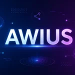 A professional digital illustration featuring the word “AWIUS” glowing at the center of a dark blue-to-purple gradient background, surrounded by subtle network connections, search icons, data nodes, and modern branding elements that represent technology, online discovery, and digital identity.
