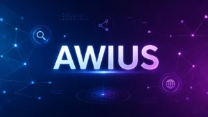 A professional digital illustration featuring the word “AWIUS” glowing at the center of a dark blue-to-purple gradient background, surrounded by subtle network connections, search icons, data nodes, and modern branding elements that represent technology, online discovery, and digital identity.