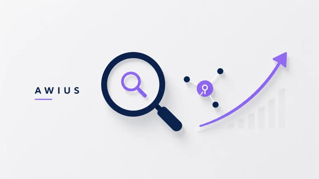 A minimalist landscape illustration for Awius showing a clean search icon, an abstract keyword symbol, and a simple upward trend arrow on a light gray background with navy blue and soft purple accents, representing search visibility, growth, and digital recognition.