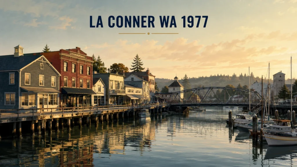 Historic waterfront view of La Conner, Washington in 1977, featuring classic downtown buildings along a calm channel, a small bridge, and a marina with docked boats under a warm evening sky. Professional landscape illustration in navy blue, soft gold, muted green, and light gray tones with the text “LA CONNER WA 1977.”