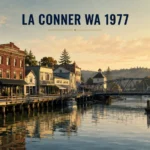 Historic waterfront view of La Conner, Washington in 1977, featuring classic downtown buildings along a calm channel, a small bridge, and a marina with docked boats under a warm evening sky. Professional landscape illustration in navy blue, soft gold, muted green, and light gray tones with the text “LA CONNER WA 1977.”