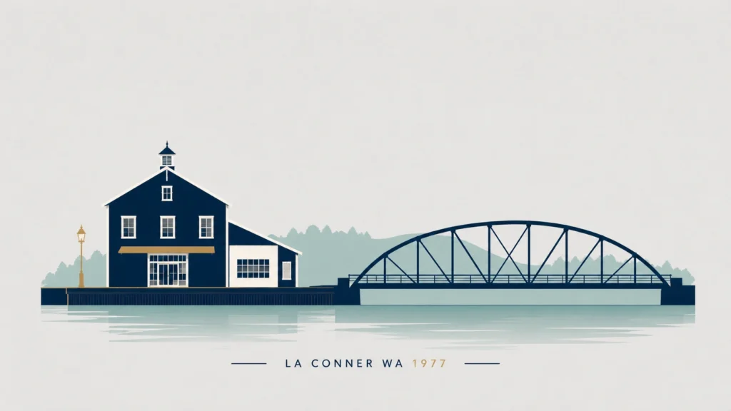 Minimalist landscape illustration representing La Conner, Washington in 1977, showing a simple waterfront building silhouette, a calm water channel, and an arched bridge on a light gray background. Clean flat-design style with navy blue, soft teal, white, and muted gold accents and the text “LA CONNER WA 1977.”