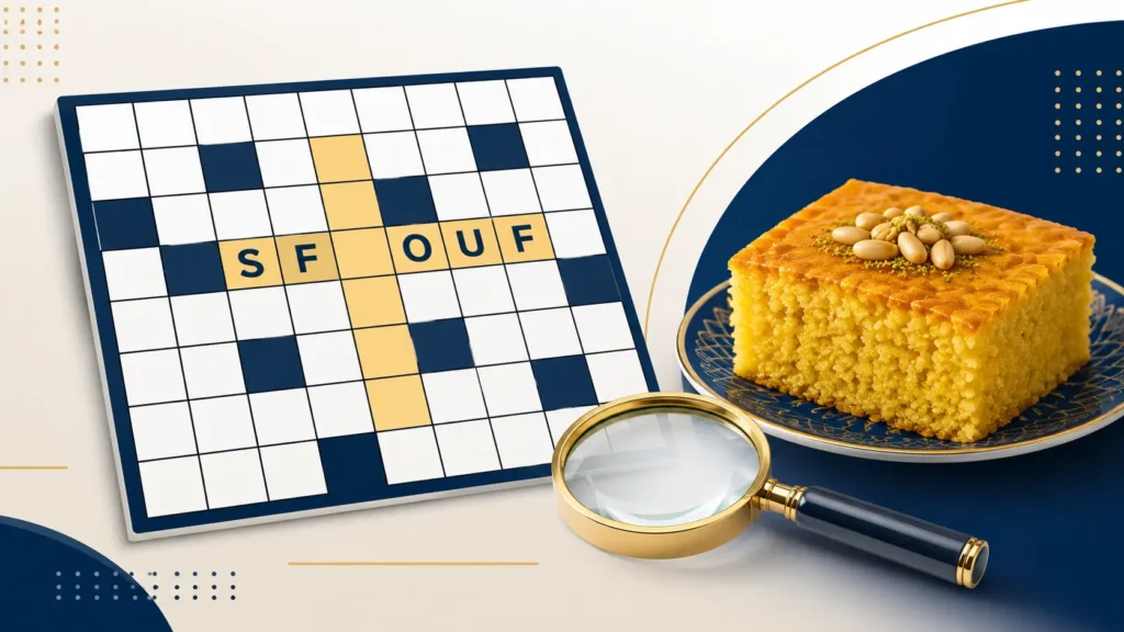 Professional illustration of the Sfouf NYT Crossword Clue featuring a crossword puzzle grid with highlighted answer squares, a golden-yellow sfouf cake, and a magnifying glass. Clean navy blue, white, and gold design on a light background representing crossword solving and Middle Eastern cuisine.
