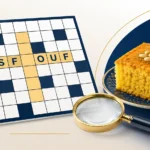 Professional illustration of the Sfouf NYT Crossword Clue featuring a crossword puzzle grid with highlighted answer squares, a golden-yellow sfouf cake, and a magnifying glass. Clean navy blue, white, and gold design on a light background representing crossword solving and Middle Eastern cuisine.