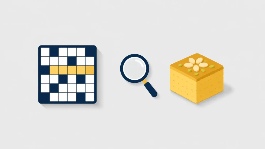 Minimalist illustration for the Sfouf NYT Crossword Clue showing a simple crossword grid icon, magnifying glass icon, and yellow sfouf cake icon on a light gray background. Clean flat-design graphic with navy blue, white, and soft gold colors.