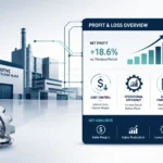 Plant Manager P&L Responsibility Automotive illustration showing a modern automotive manufacturing plant connected to a profit-and-loss dashboard with financial charts, cost-control icons, efficiency metrics, and upward growth indicators in a clean corporate design.