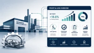 Plant Manager P&L Responsibility Automotive illustration showing a modern automotive manufacturing plant connected to a profit-and-loss dashboard with financial charts, cost-control icons, efficiency metrics, and upward growth indicators in a clean corporate design.