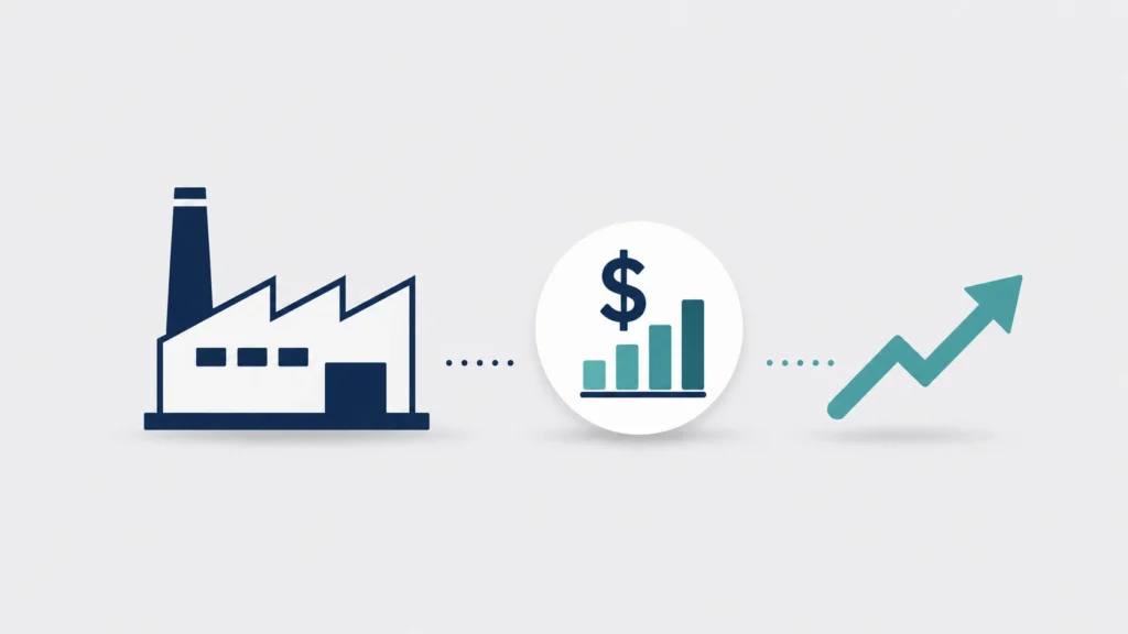 Plant Manager P&L Responsibility Automotive minimalist illustration featuring a factory icon, profit chart symbol, and upward trend arrow on a clean light gray background with a professional business style.