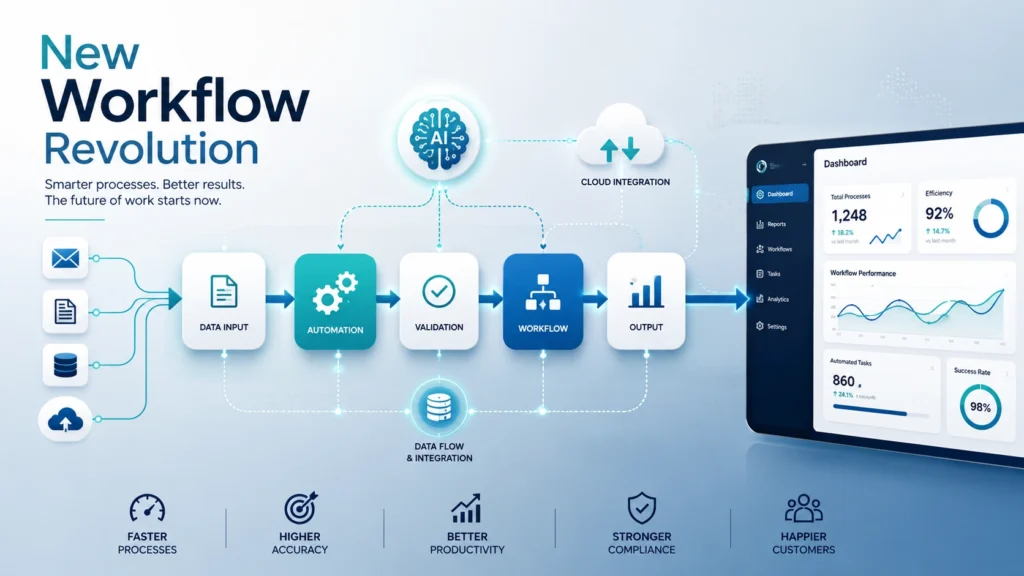 New Workflow Revolution illustration showing connected workflow stages, AI automation, cloud integration, data flow, and a productivity dashboard in a modern business technology environment.