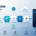 New Workflow Revolution illustration showing connected workflow stages, AI automation, cloud integration, data flow, and a productivity dashboard in a modern business technology environment.