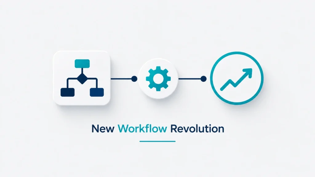 Minimalist New Workflow Revolution illustration featuring a workflow flowchart, automation gear, and upward growth arrow connected by clean lines on a light background.