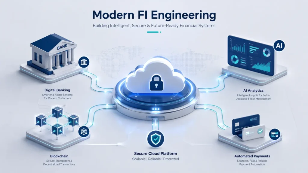 Modern FI Engineering Blog illustration showing a secure cloud platform connected to digital banking, AI analytics, blockchain technology, and automated payment systems in a professional fintech ecosystem.