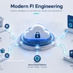 Modern FI Engineering Blog illustration showing a secure cloud platform connected to digital banking, AI analytics, blockchain technology, and automated payment systems in a professional fintech ecosystem.