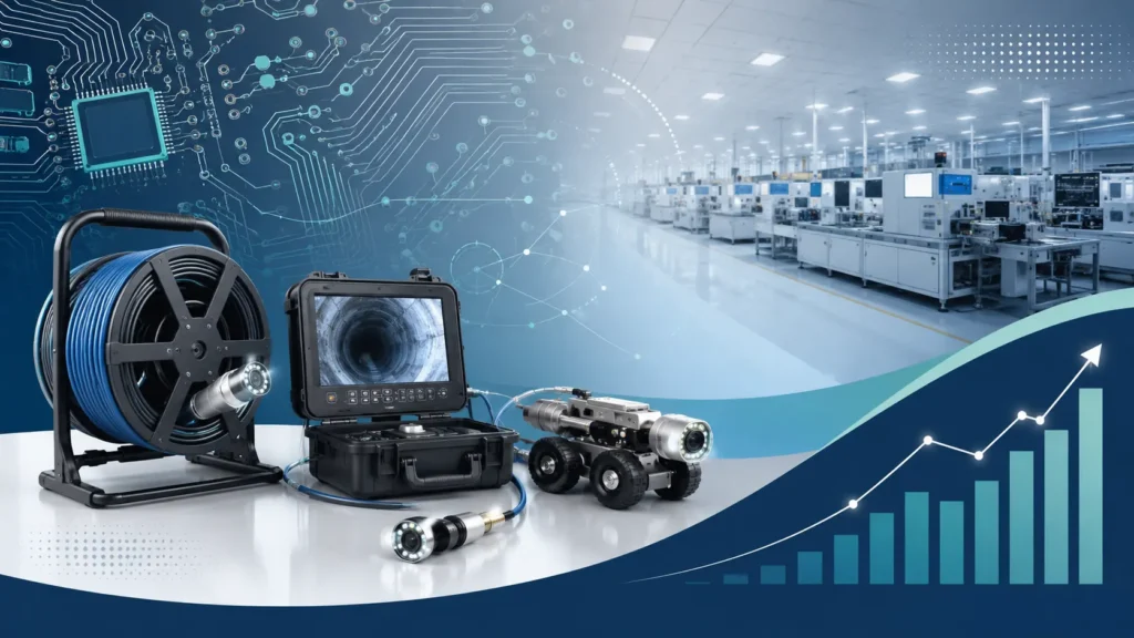 Frank Founder of Ratech Electronics illustration featuring pipeline inspection technology, electronics manufacturing, innovation, digital connectivity, and business growth.