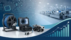 Frank Founder of Ratech Electronics illustration featuring pipeline inspection technology, electronics manufacturing, innovation, digital connectivity, and business growth.