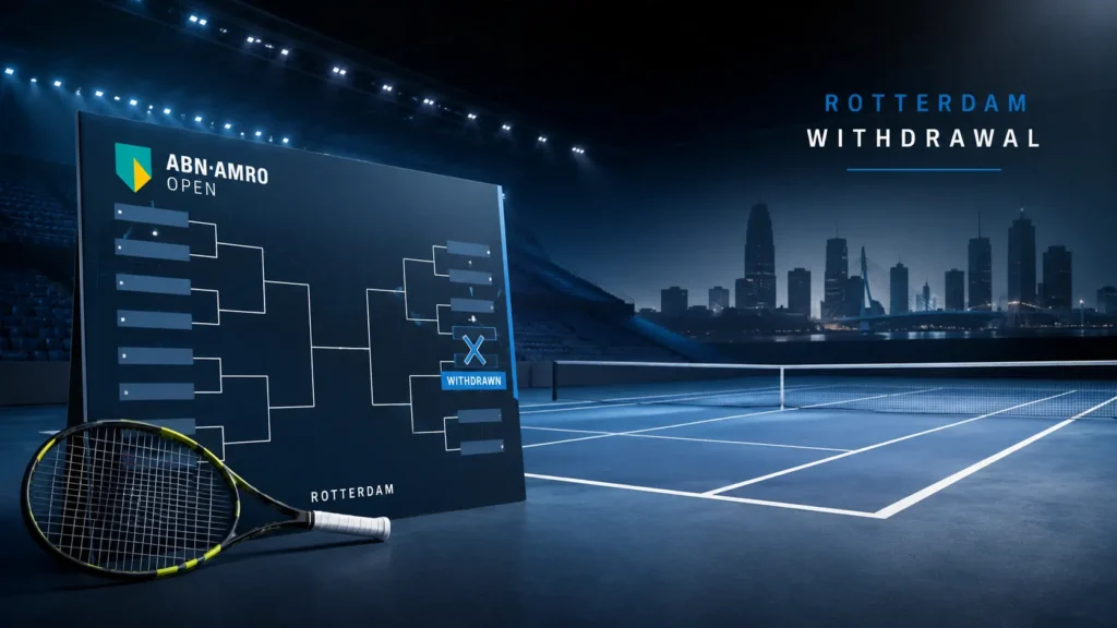 Carlos Alcaraz withdraws Rotterdam illustration showing an empty indoor tennis court, tournament bracket board with a withdrawal symbol, tennis racket in the foreground, and a subtle Rotterdam skyline in the background. Professional blue-toned sports news graphic representing Carlos Alcaraz's withdrawal from the Rotterdam Open.
