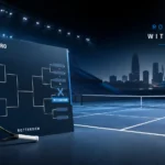 Carlos Alcaraz withdraws Rotterdam illustration showing an empty indoor tennis court, tournament bracket board with a withdrawal symbol, tennis racket in the foreground, and a subtle Rotterdam skyline in the background. Professional blue-toned sports news graphic representing Carlos Alcaraz's withdrawal from the Rotterdam Open.