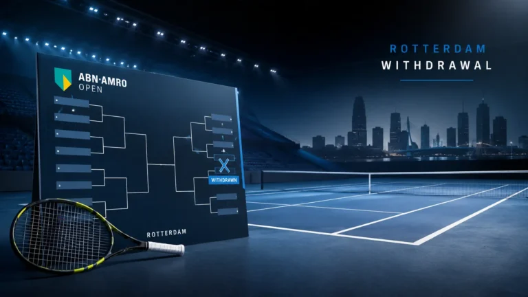 Carlos Alcaraz withdraws Rotterdam illustration showing an empty indoor tennis court, tournament bracket board with a withdrawal symbol, tennis racket in the foreground, and a subtle Rotterdam skyline in the background. Professional blue-toned sports news graphic representing Carlos Alcaraz's withdrawal from the Rotterdam Open.