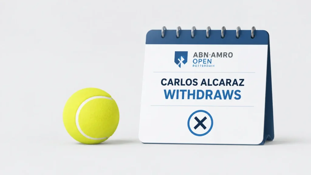 Carlos Alcaraz withdraws Rotterdam minimalist illustration featuring a tennis ball beside a tournament calendar marked with a cancellation symbol on a clean light gray background. Simple professional sports news graphic representing Carlos Alcaraz's withdrawal from the Rotterdam tournament.