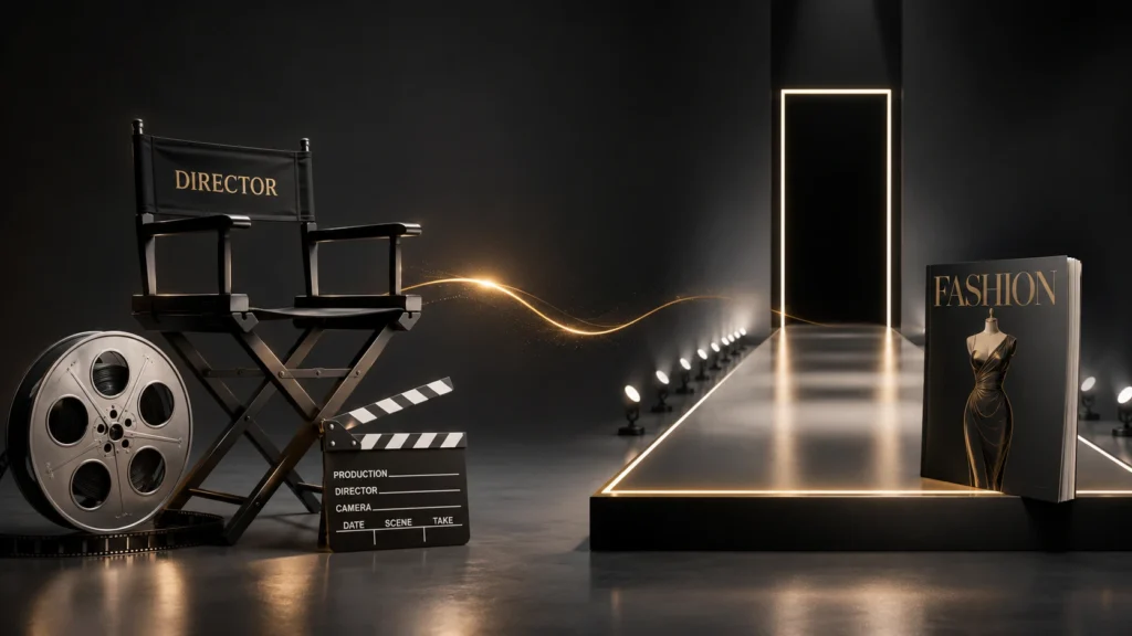 Martin Scorsese and Tyra Banks minimalist illustration showing a film reel icon and fashion star icon connected by a thin elegant line on a clean gray background, representing two entertainment worlds in a simple 16:9 landscape design.