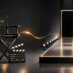 Martin Scorsese and Tyra Banks minimalist illustration showing a film reel icon and fashion star icon connected by a thin elegant line on a clean gray background, representing two entertainment worlds in a simple 16:9 landscape design.
