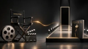 Martin Scorsese and Tyra Banks minimalist illustration showing a film reel icon and fashion star icon connected by a thin elegant line on a clean gray background, representing two entertainment worlds in a simple 16:9 landscape design.