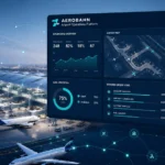 Aerobahn airport operations platform dashboard displaying real-time flight tracking, gate management, and airport activity data alongside a modern international airport with aircraft at gates.