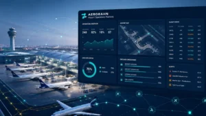Aerobahn airport operations platform dashboard displaying real-time flight tracking, gate management, and airport activity data alongside a modern international airport with aircraft at gates.