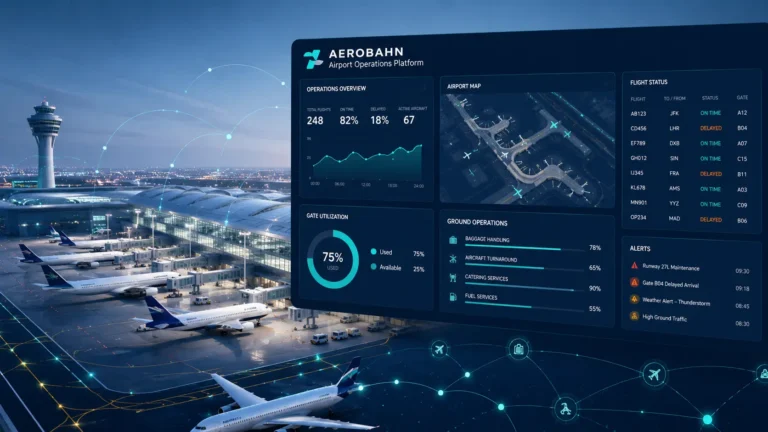 Aerobahn airport operations platform dashboard displaying real-time flight tracking, gate management, and airport activity data alongside a modern international airport with aircraft at gates.