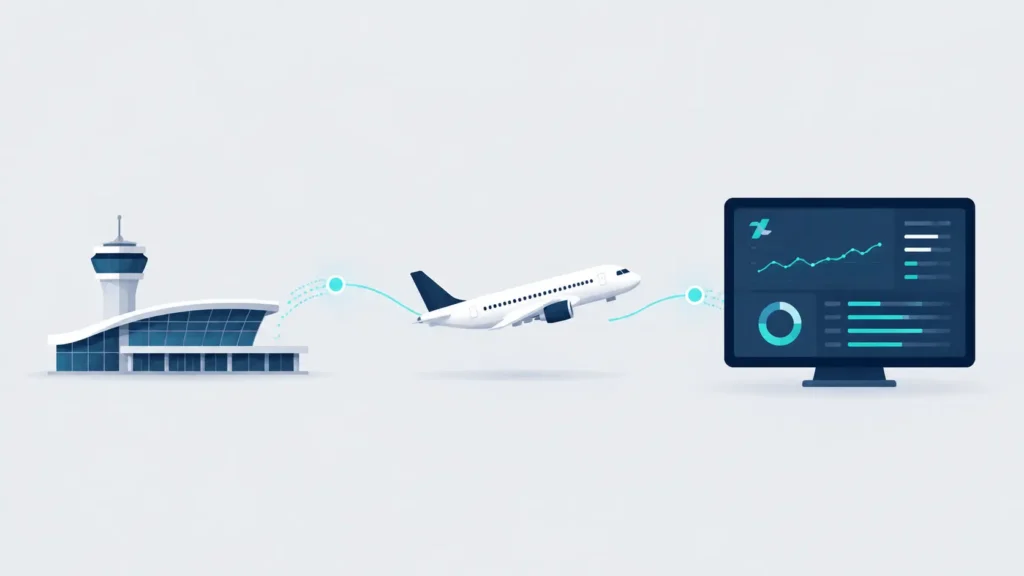 Minimalist Aerobahn illustration showing an airport terminal, airplane, and digital dashboard connected through real-time operational data lines.