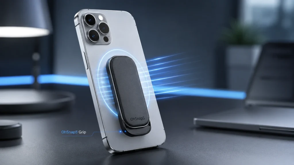 Modern smartphone with ultra-thin OhSnap5 magnetic grip attached, shown with soft magnetic glow on a clean tech desk