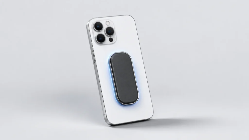Minimal smartphone back view with slim OhSnap5 grip, simple clean background highlighting magnetic attachment.