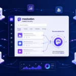 Recommendation system on Mastodon showing a decentralized social network with interconnected server nodes and a central content discovery dashboard where posts flow into a recommendation hub using a modern UI design.