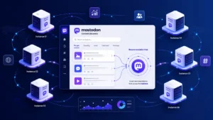 Recommendation system on Mastodon showing a decentralized social network with interconnected server nodes and a central content discovery dashboard where posts flow into a recommendation hub using a modern UI design.