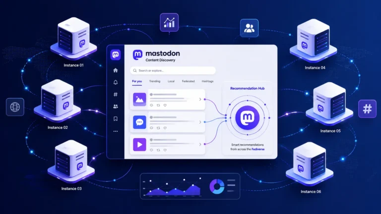 Recommendation system on Mastodon showing a decentralized social network with interconnected server nodes and a central content discovery dashboard where posts flow into a recommendation hub using a modern UI design.