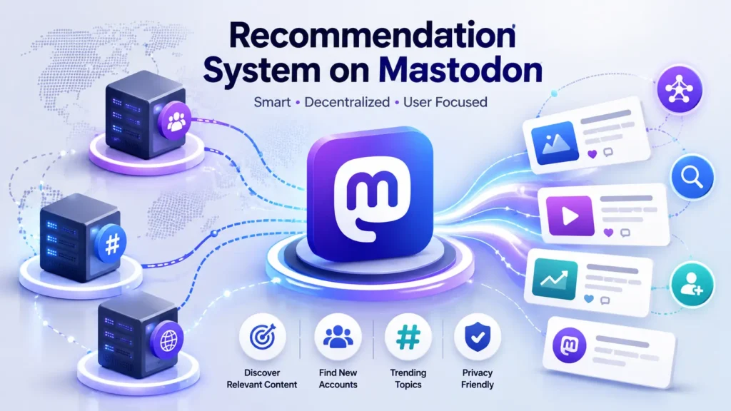 Simple recommendation system on Mastodon illustration showing a central network node connected to three content cards with a clear arrow indicating content discovery flow in a clean minimalist design.