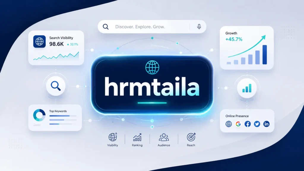 Hrmtaila digital branding illustration showing a central keyword identity badge connected to search visibility, analytics, and online growth elements in a modern professional design.
