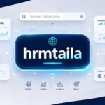 Hrmtaila digital branding illustration showing a central keyword identity badge connected to search visibility, analytics, and online growth elements in a modern professional design.