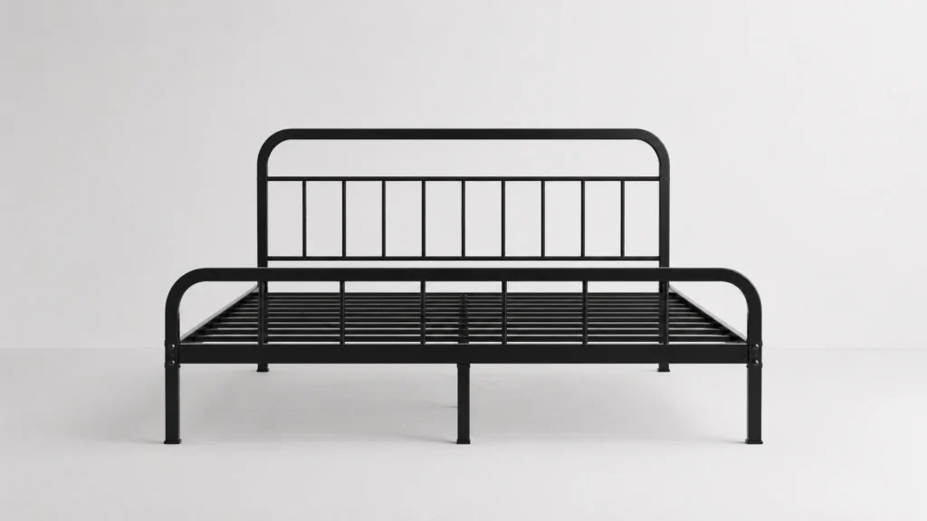 Minimalist jernsenger iron bed frame centered in a plain light room, showing simple strong metal structure with clean and modern design.