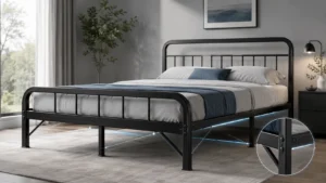 Modern premium jernsenger iron bed frame in a stylish bedroom setting, highlighting strong durable metal design with clean minimalist interior and soft lighting.