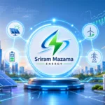 Futuristic renewable energy hub representing sriram mazama energy, with solar panels, wind turbines, and smart grid connections in a modern tech city background.