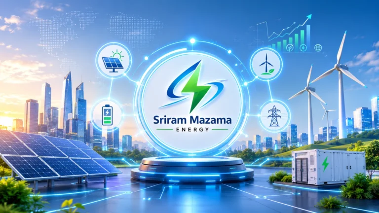 Futuristic renewable energy hub representing sriram mazama energy, with solar panels, wind turbines, and smart grid connections in a modern tech city background.